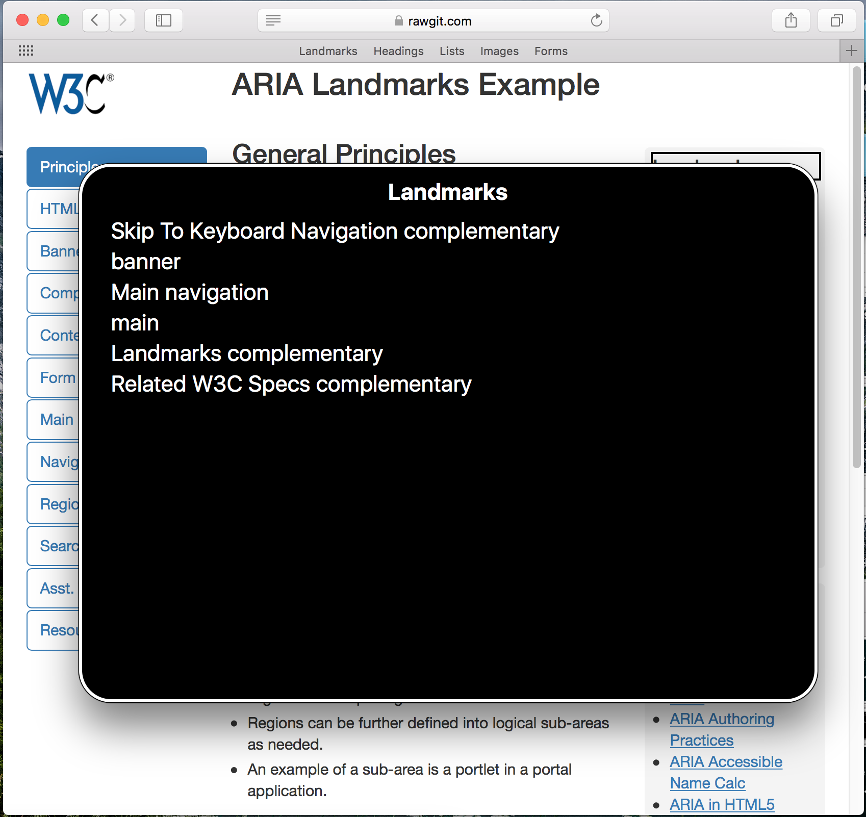 Screen shot of list of landmarks in voice over